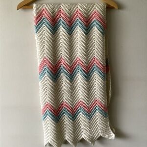 Hand Chevron Knit baby blanket in Pink, Blue, and White